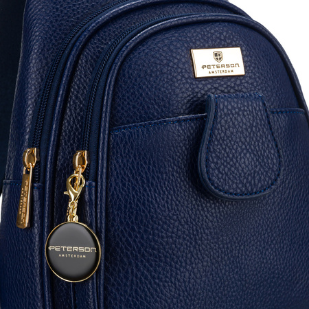 Kleine dunkelblaue Damen Gürteltasche für Schulter oder Crossbody aus Öko-Leder mit goldfarbenen Details – Peterson