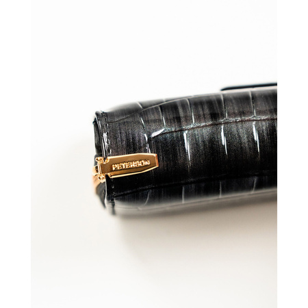 Graue Damen-Geldbörse aus Öko-Leder mit Krokodilhaut-Prägung, mit Druckknopf und Reißverschluss zu schließen - Peterson