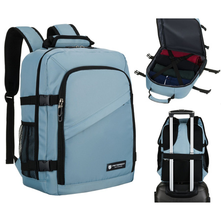 Reise-Rucksack in Blau, zweifach unterteilt und an verstellbaren Schultergurten aufgehängt – Peterson