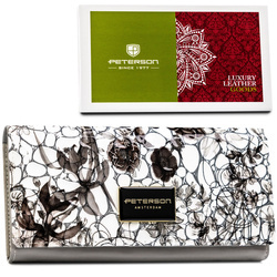 Große, horizontale Damen Geldbörse mit Druckknopf aus lackiertem Echtleder mit Blumenmuster – Peterson