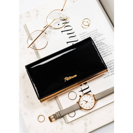 Große, horizontale Damen Geldbörse in Schwarz-Gold mit Druckknopfverschluss – Peterson