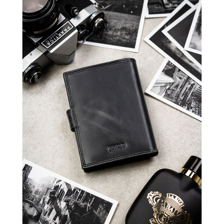 Vertikale Herren-Geldbörse aus echtem Leder in Schwarz mit Druckknopfverschluss - Peterson