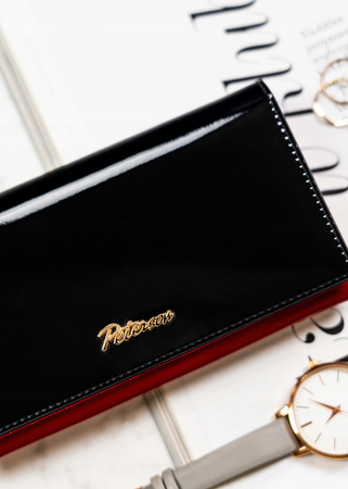 Damen Geldbörse aus Leder in Schwarz-Rot mit Außentasche – Peterson
