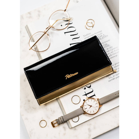 Große Damen Geldbörse in Schwarz-Gold aus echtem Leder mit Druckknopf – Peterson