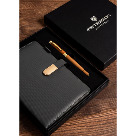 Geschenkset: Graues A5-Notizbuch mit schwarzem Kugelschreiber – Peterson