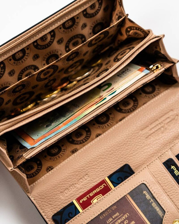 Schwarz-goldene Damen Geldbörse aus echtem Leder mit lackierter Klappe – Peterson