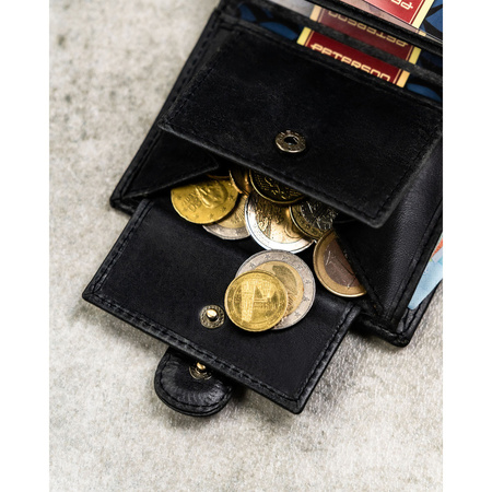 Schwarze Herren-Geldbörse aus Naturleder mit RFID-System, Druckknopfverschluss – Peterson