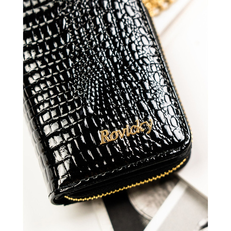 Damen-Geldbörse aus Leder in Schwarz mit Reißverschluss und Druckknopf – Rovicky