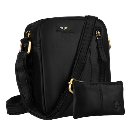 Stilvolle Herren-Umhängetasche aus Leder in Schwarz, aufgehängt an einem verstellbaren Gürtel – Peterson