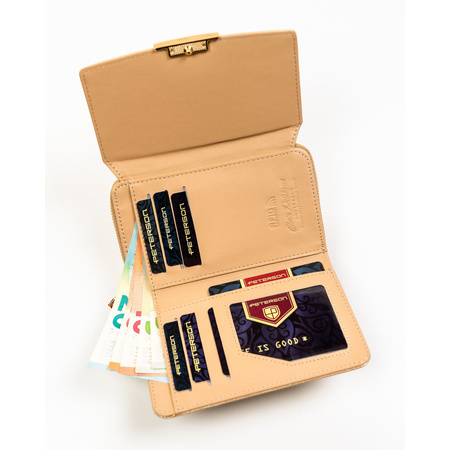 Beige Damen-Geldbörse aus Öko-Leder mit Druckknopf- und Reißverschluss – Peterson