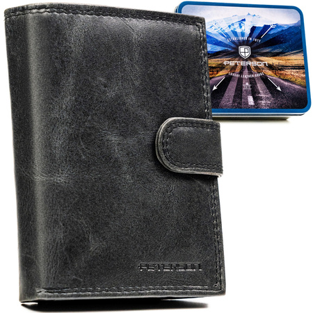 Vertikale Herren-Geldbörse aus echtem Leder in Schwarz mit Druckknopfverschluss - Peterson