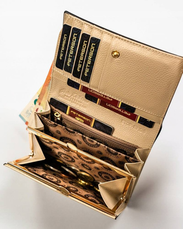Klassische Damen Geldbörse aus echtem Leder in Schwarz-Gold mit Druckknopf und Bügelverschluss – Peterson