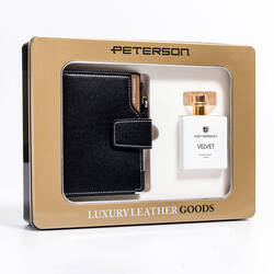 Geschenkset: Damen-Geldbörse aus Leder mit Druckknopf und Velvet Eau de Parfum — Peterson
