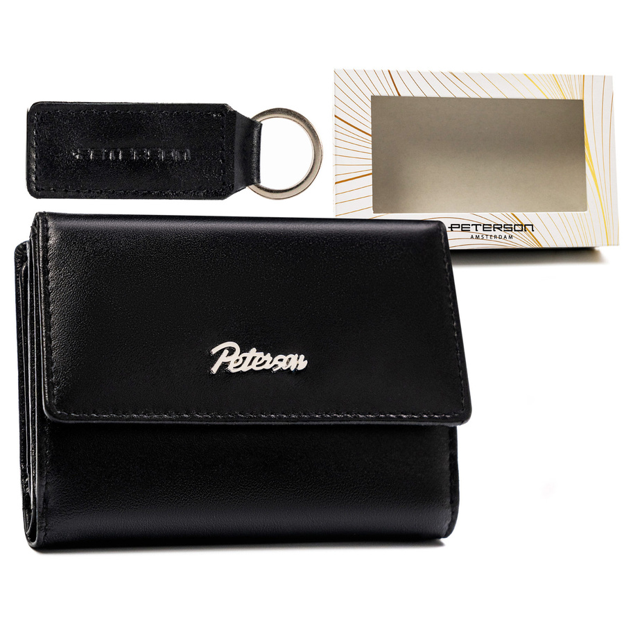 Geschenkset: Damen Geldbörse aus Leder mit Druckknopf und Schlüsselanhänger – Peterson