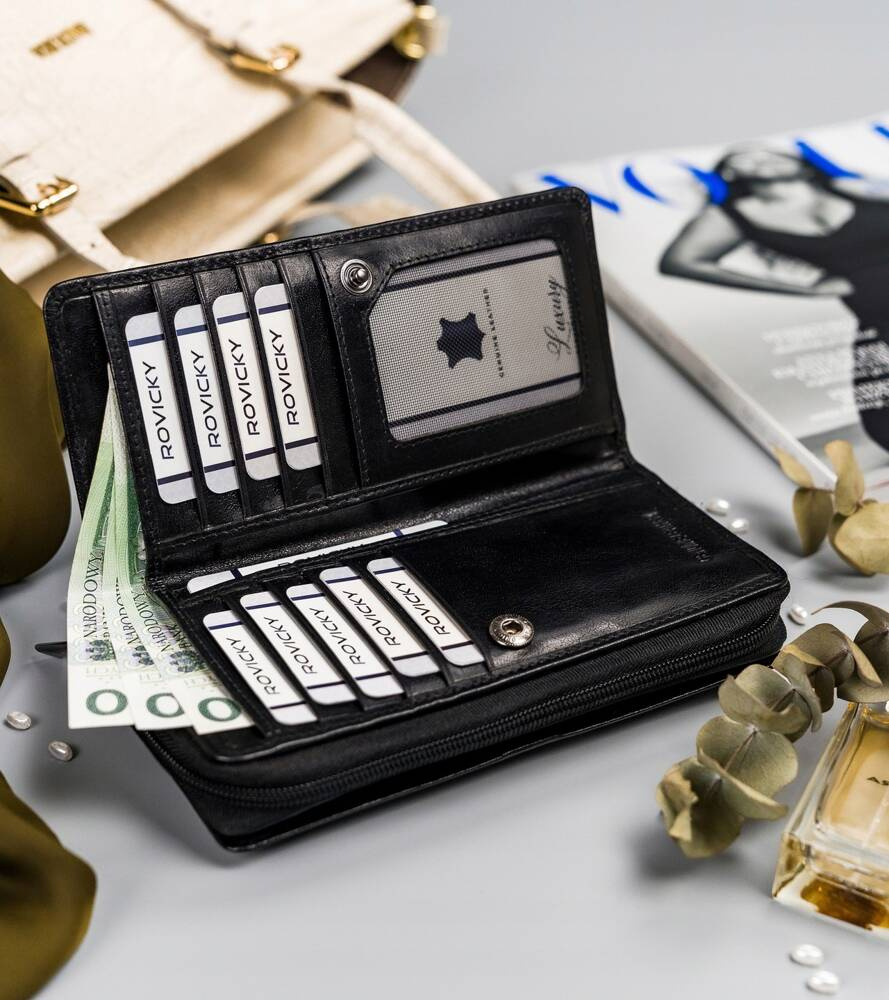 Große Damen Geldbörse aus Leder mit Reißverschluss und Druckknopf – Rovicky – Bild 4
