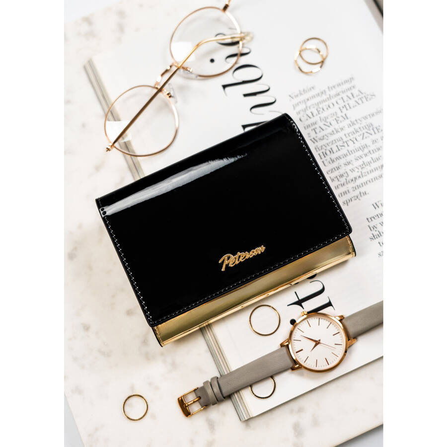 Klassische Damen Geldbörse aus echtem Leder in Schwarz-Gold mit Druckknopf und Bügelverschluss – Peterson – Bild 2
