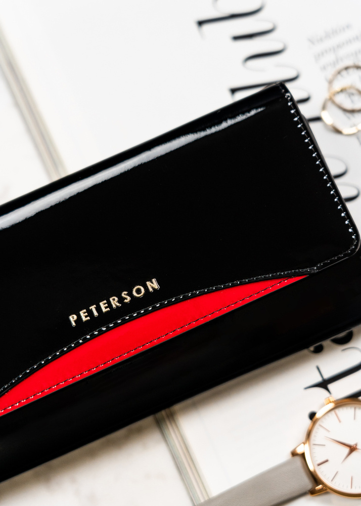 Große, klassische Damen Geldbörse in Schwarz mit Druckknopfverschluss – Peterson – Bild 3