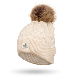 Beige Wintermütze mit Bommel und Silberfaden – Peterson