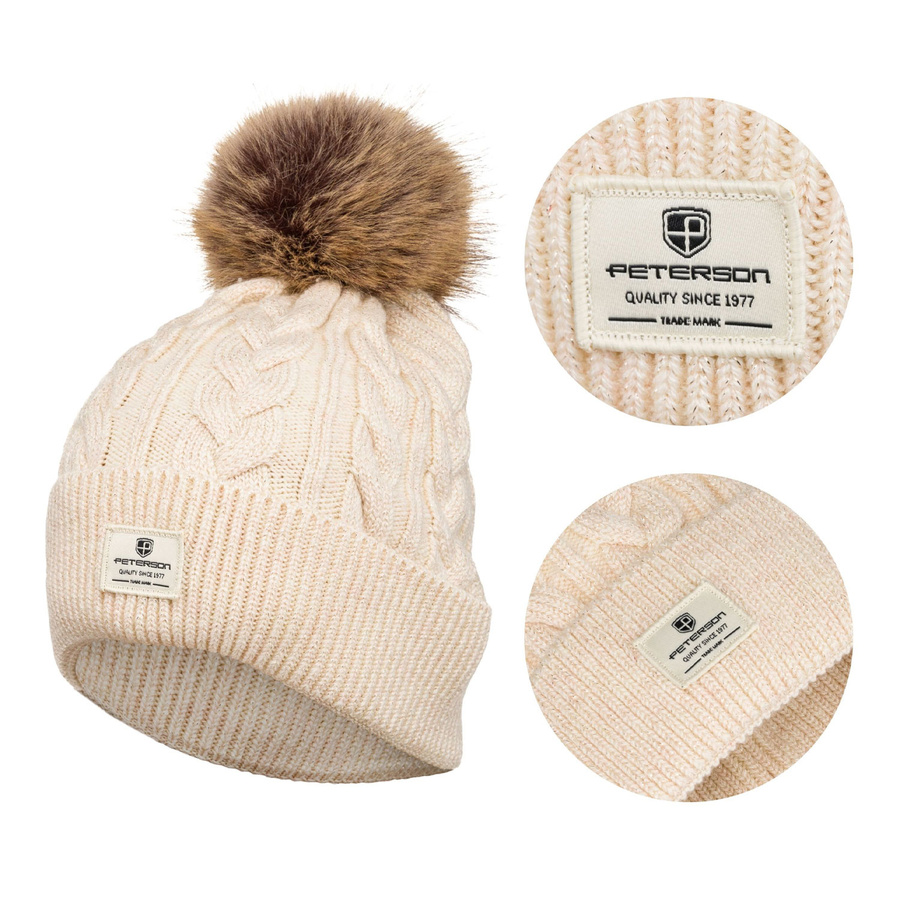 Beige Wintermütze mit Bommel und Silberfaden – Peterson