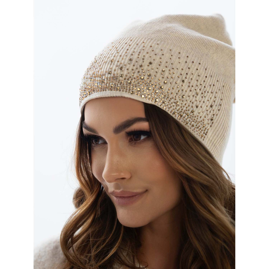 Beanie Mütze mit Kristallen in Beige – Peterson – Bild 5