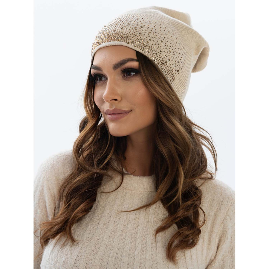 Beanie Mütze mit Kristallen in Beige – Peterson – Bild 3