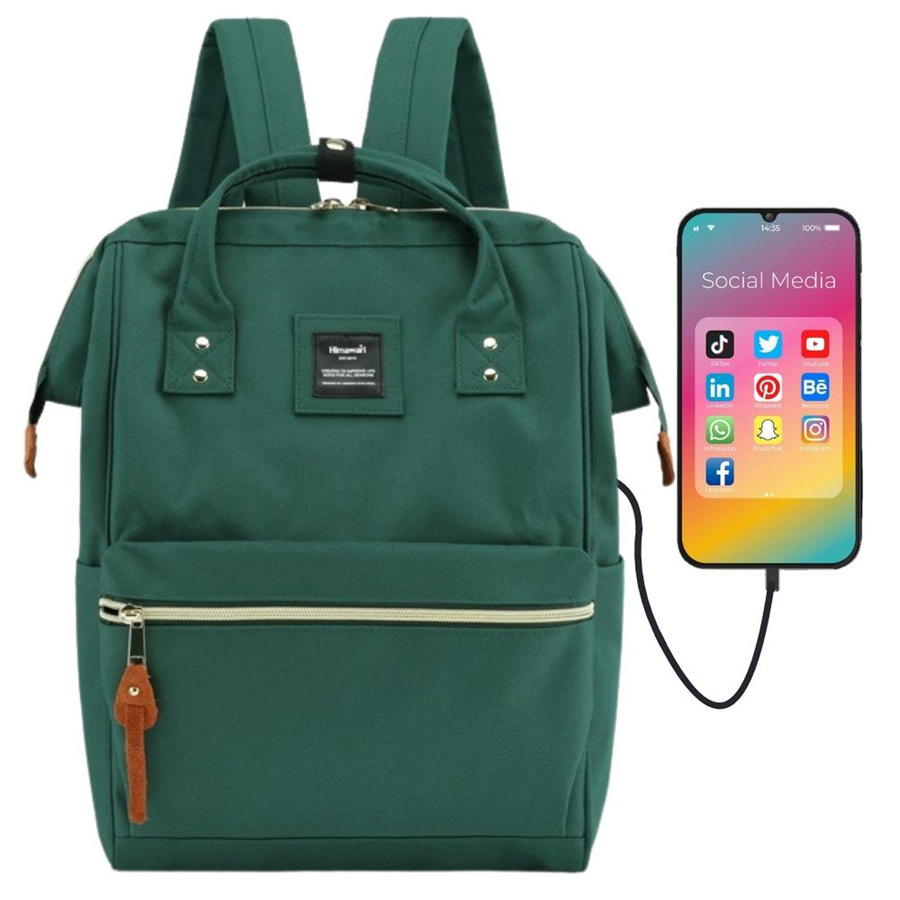 Grüner Laptoprucksack mit USB und Fächern – Himawari