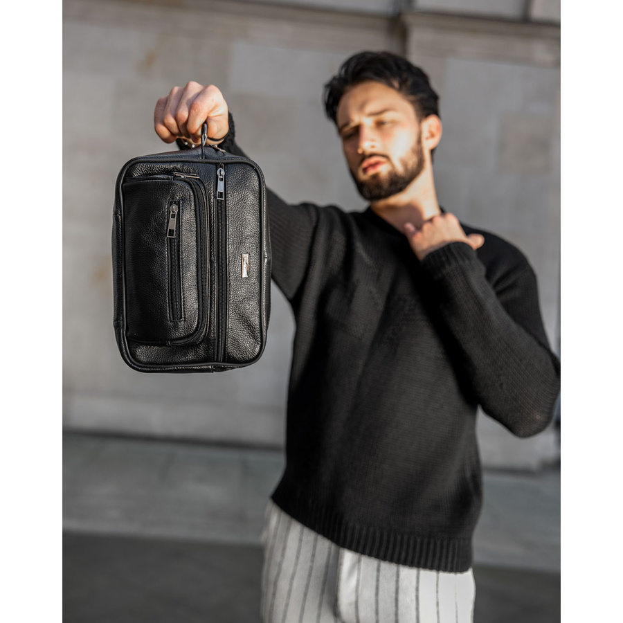 Herren Gürteltasche aus Leder in Schwarz mit Fächern & Handgriff – Rovicky – Bild 5