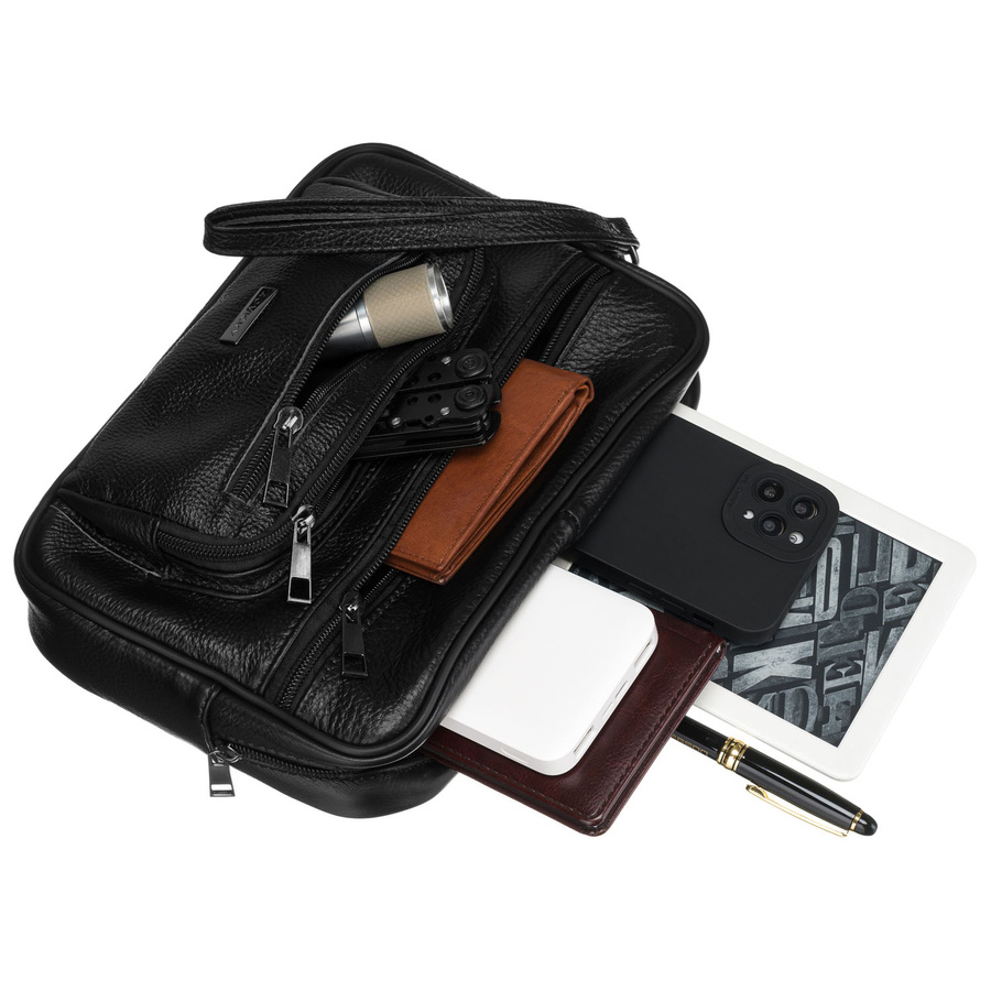 Herren Gürteltasche aus Leder in Schwarz mit Fächern & Handgriff – Rovicky – Bild 10