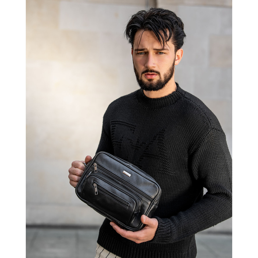 Herren Gürteltasche aus Leder in Schwarz mit Fächern & Handgriff – Rovicky – Bild 2