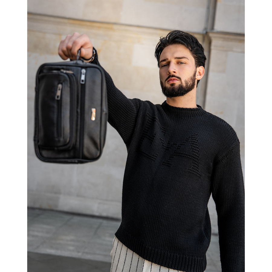 Herren Gürteltasche aus Leder in Schwarz mit Fächern & Handgriff – Rovicky – Bild 3
