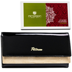 Damen Geldbörse schwarz-gold aus Lackleder mit Bügelverschluss und Druckknopf – Peterson
