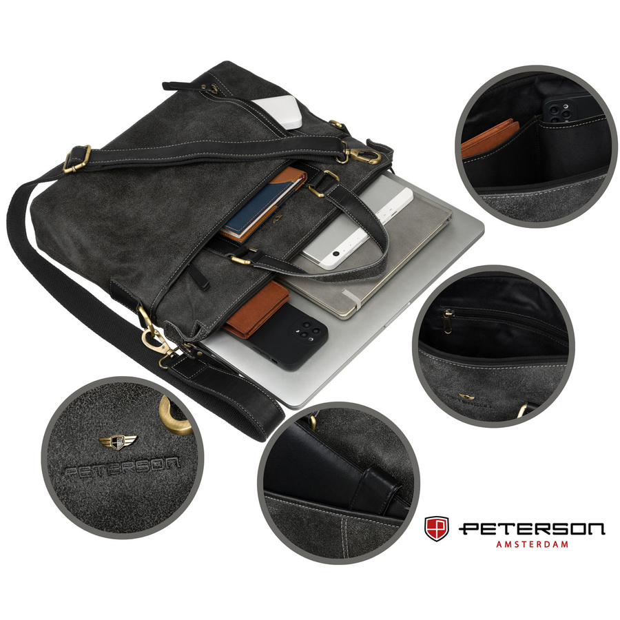 Schwarze Herren Aktentasche aus Leder mit Laptopfach – Peterson – Bild 4