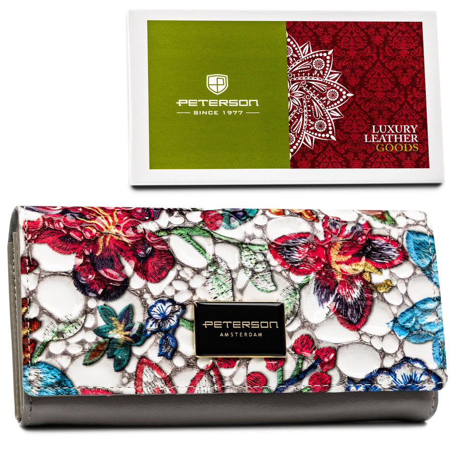 Damen-Geldbörse aus lackiertem Naturleder mit Blumenmuster, farbig – Peterson
