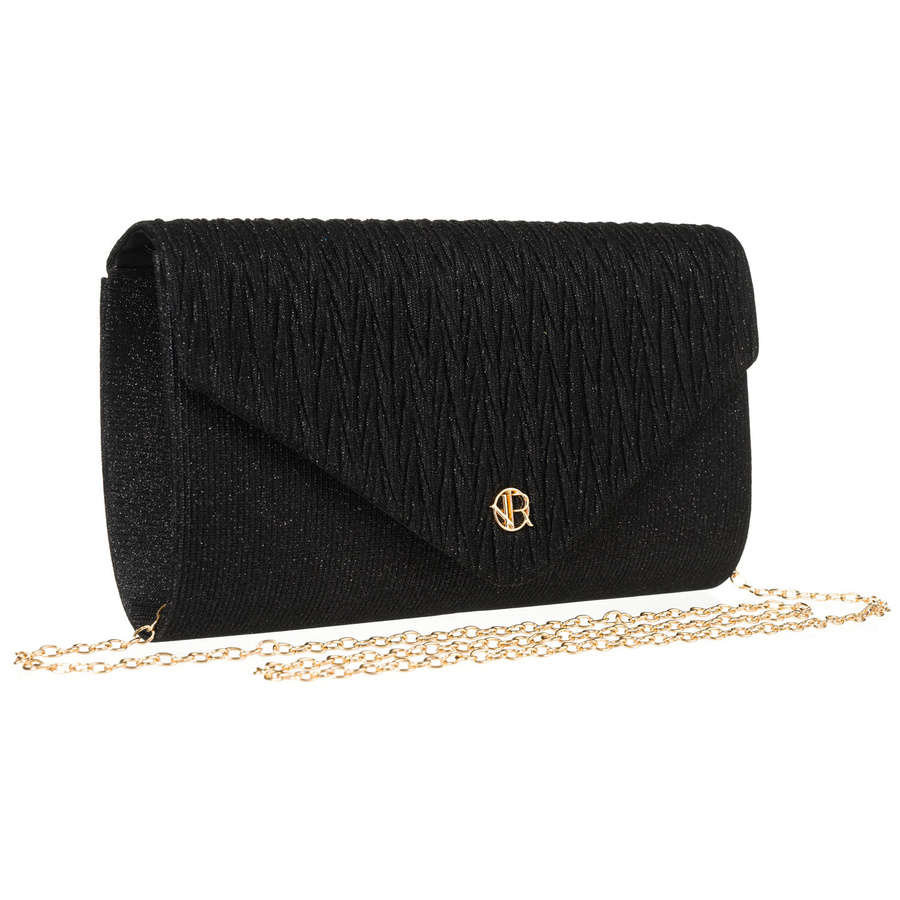 Schwarze Damen Clutch mit Fischgrätmuster und Kettenträger – Rovicky
