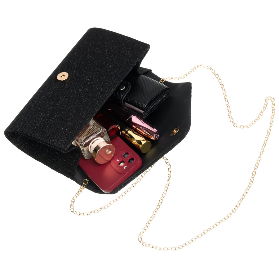Schwarze Damen Clutch mit Fischgrätmuster und Kettenträger – Rovicky – Bild 14