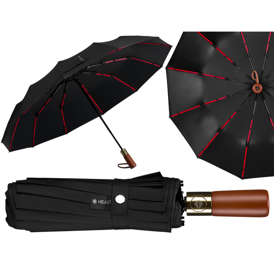Schwarzer, zusammenklappbarer Regenschirm in elegantem Etui – Peterson – Bild 5