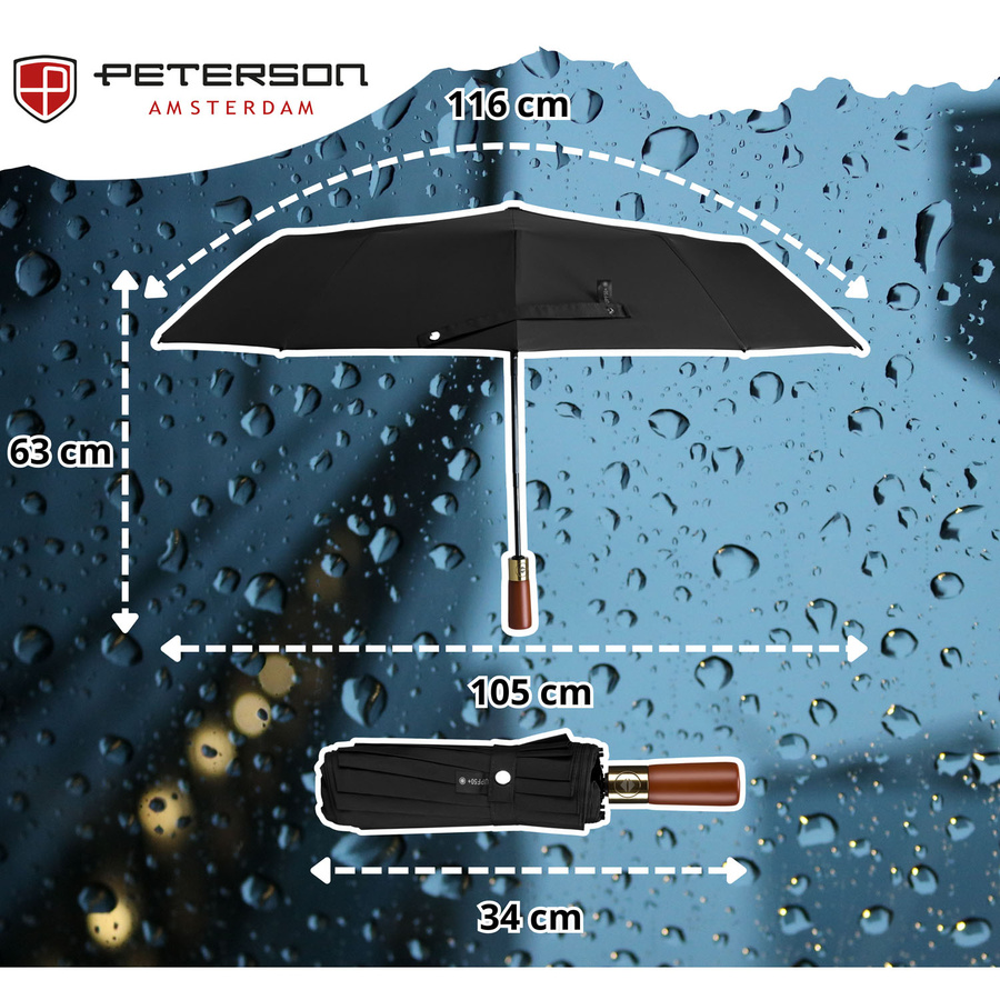 Schwarzer, zusammenklappbarer Regenschirm in elegantem Etui – Peterson – Bild 3