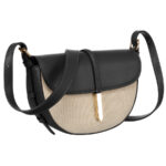 Beige-schwarze Damen Umhängetasche aus echtem Leder und Canvas – Peterson
