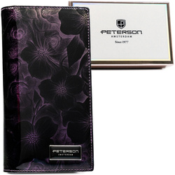 Violette große, lackierte Damen Geldbörse mit Blumenmuster, Reißverschluss und Magnetverschluss, RFID STOP – Peterson