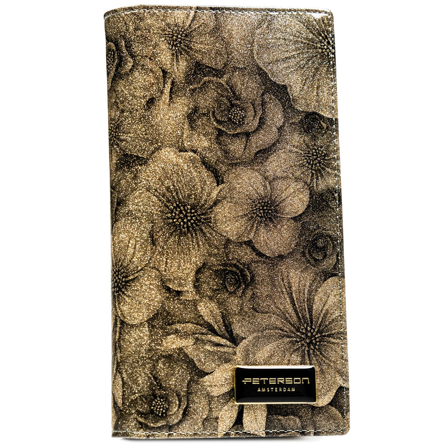 Vertikale, lackierte Damen-Geldbörse aus echtem und ökologischem Leder in Gold mit Blumenmuster - Peterson