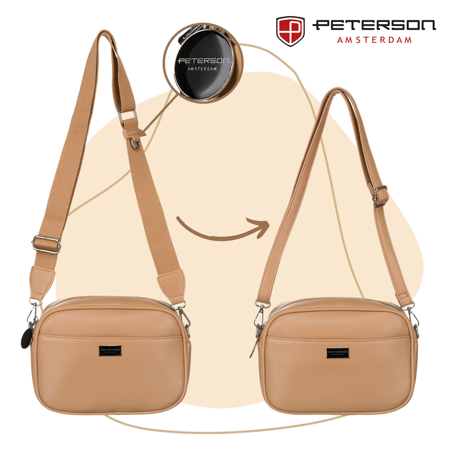 Beige Damen City-Umhängetasche aus Öko-Leder mit zwei Schulterriemen im Crossbody-Stil – Peterson – Bild 14