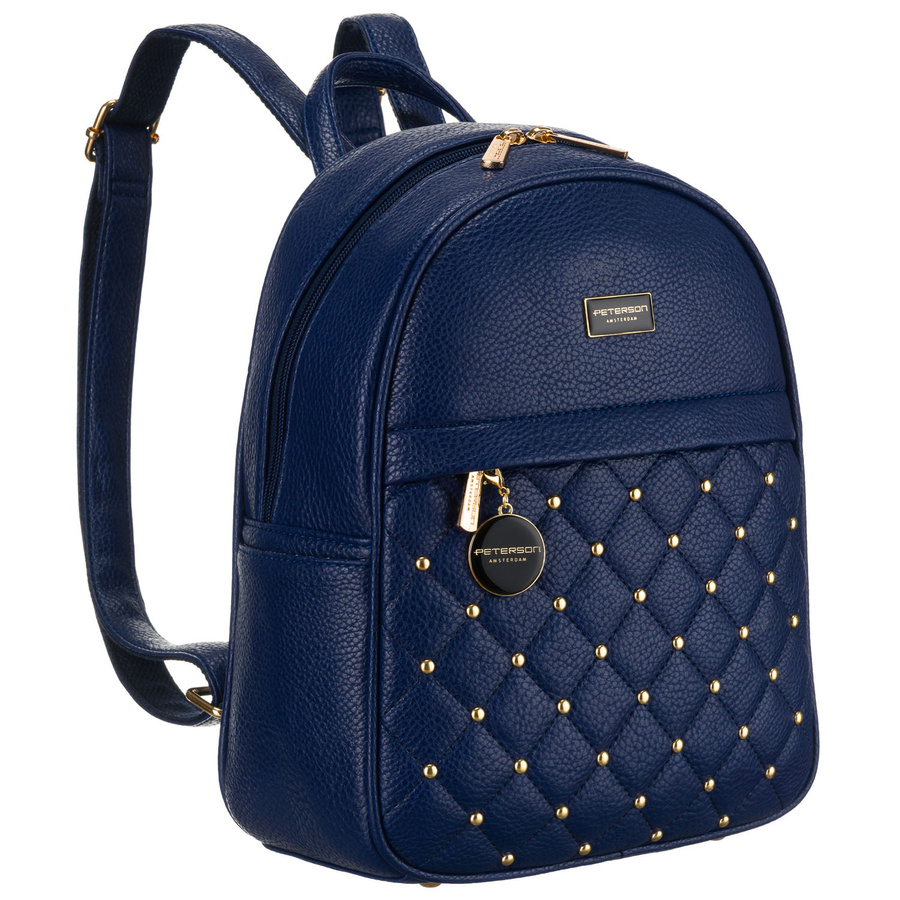 Gesteppt, modischer dunkelblauer Damen Rucksack mit goldenen Nieten aus Öko-Leder – Peterson – Bild 4