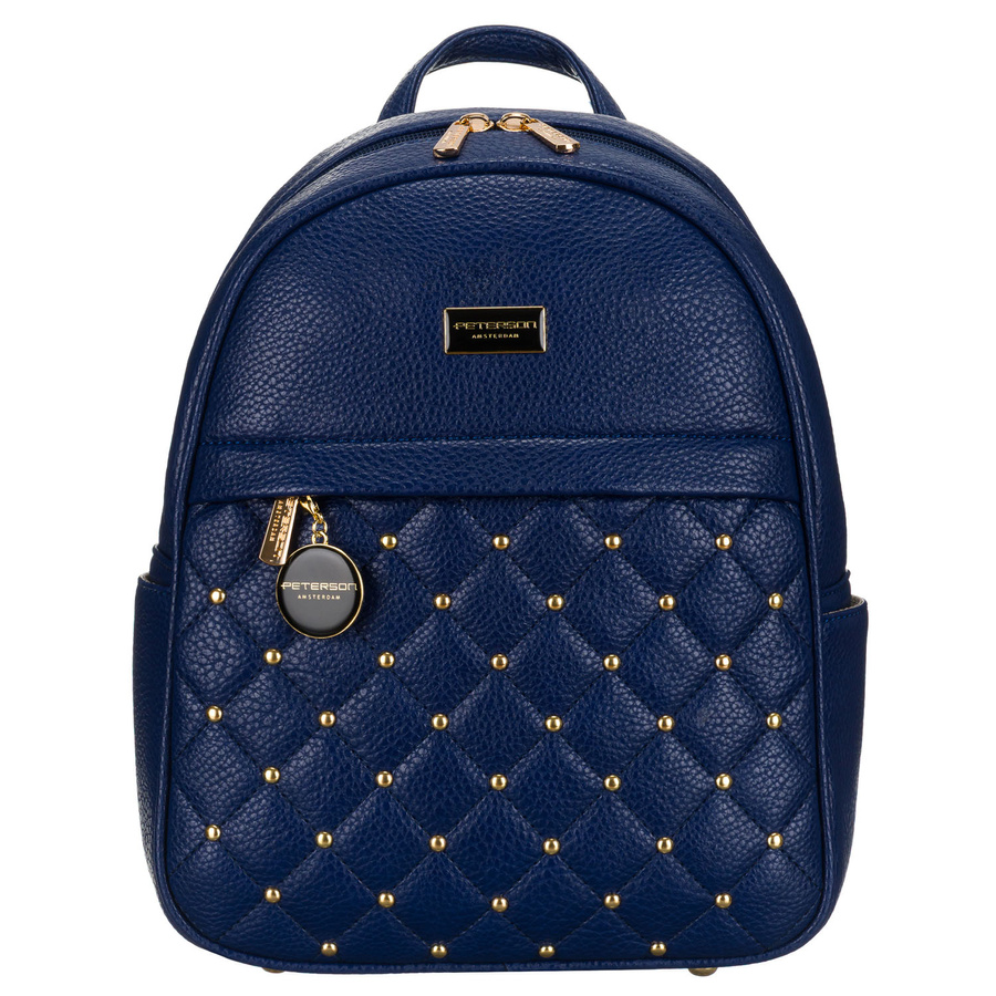 Gesteppt, modischer dunkelblauer Damen Rucksack mit goldenen Nieten aus Öko-Leder – Peterson