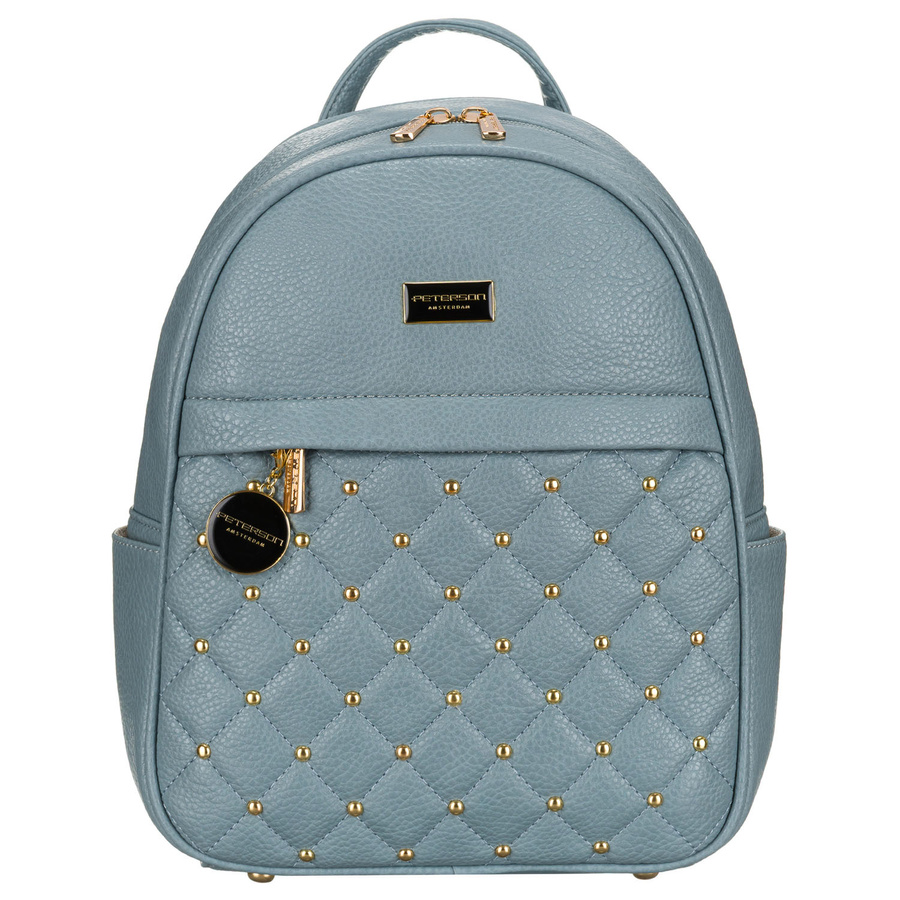 Modischer blauer Damen Rucksack mit Steppung, goldenen Nieten und Anhänger aus Öko-Leder – Peterson