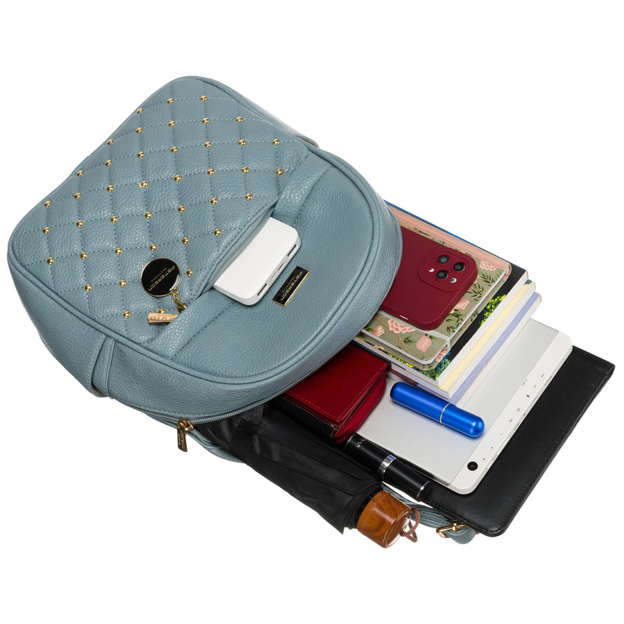 Modischer blauer Damen Rucksack mit Steppung, goldenen Nieten und Anhänger aus Öko-Leder – Peterson – Bild 14