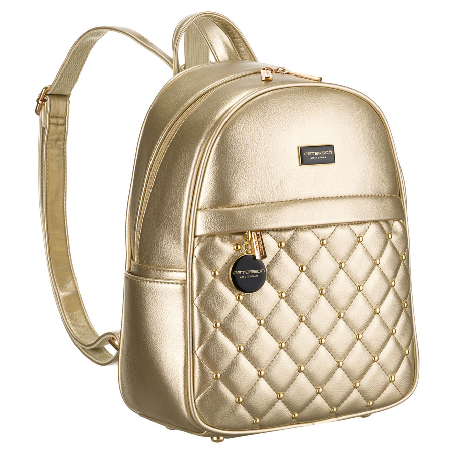 Goldener glänzender Damen Rucksack klein, gesteppt aus Öko-Leder – Peterson – Bild 4