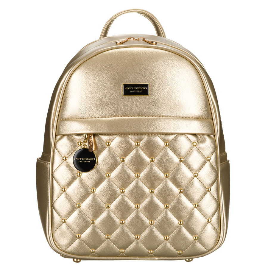 Goldener glänzender Damen Rucksack klein, gesteppt aus Öko-Leder – Peterson