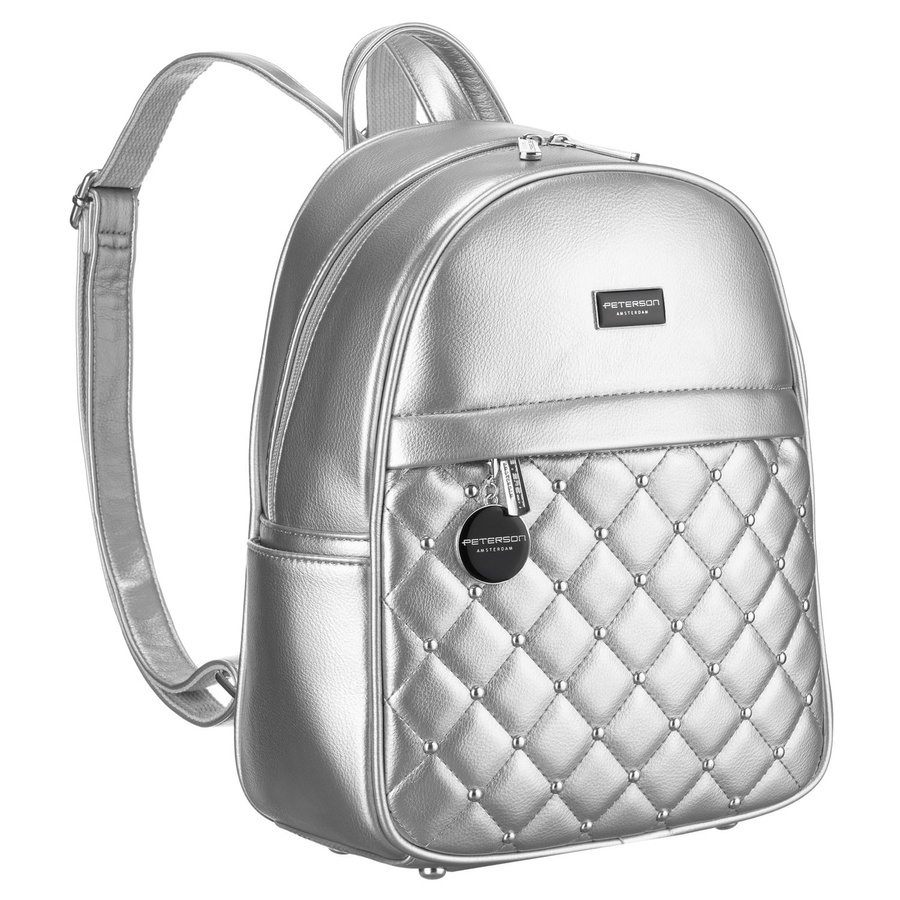 Silberner glänzender Damen Rucksack mit Steppung und Nieten aus Öko-Leder – Peterson – Bild 4