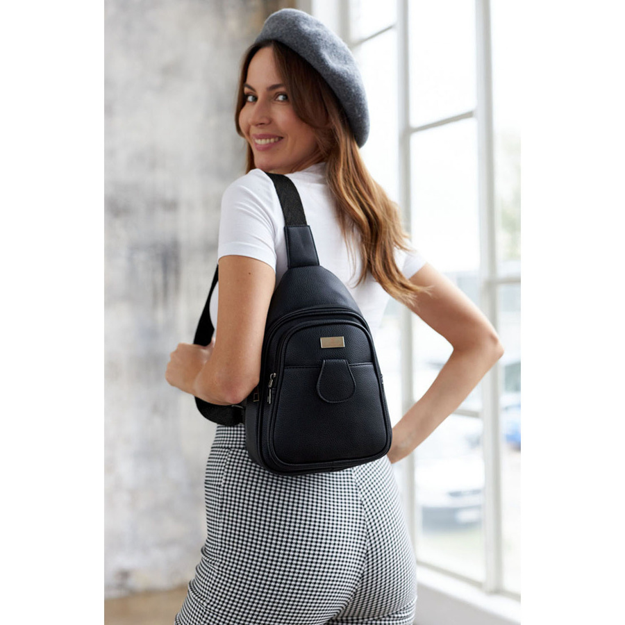 Schwarze Damen Gürteltasche Crossbody, Ein-Schulter-Rucksack aus Öko-Leder – Peterson – Bild 5