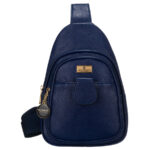 Kleine dunkelblaue Damen Gürteltasche für Schulter oder Crossbody aus Öko-Leder mit goldfarbenen Details – Peterson